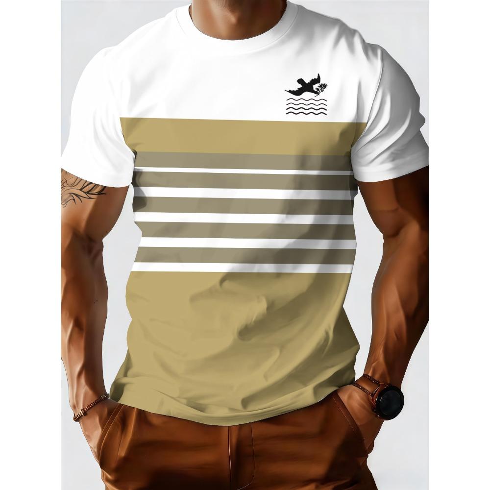Round neck khaki white contrasting stripe 3D print XS