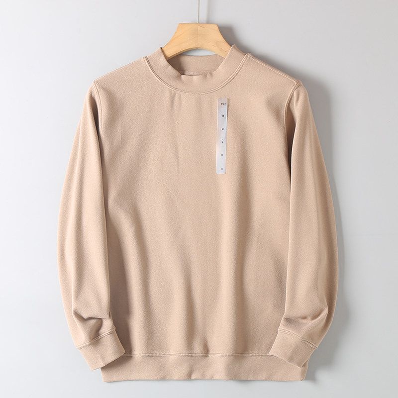 Men's Elastic Solid Color Half-High Collar Basic Versatile Loose Long-Sleeve Sweatshirt, Skin-Friendly and Warm Double-Sided Thermal Base Layer