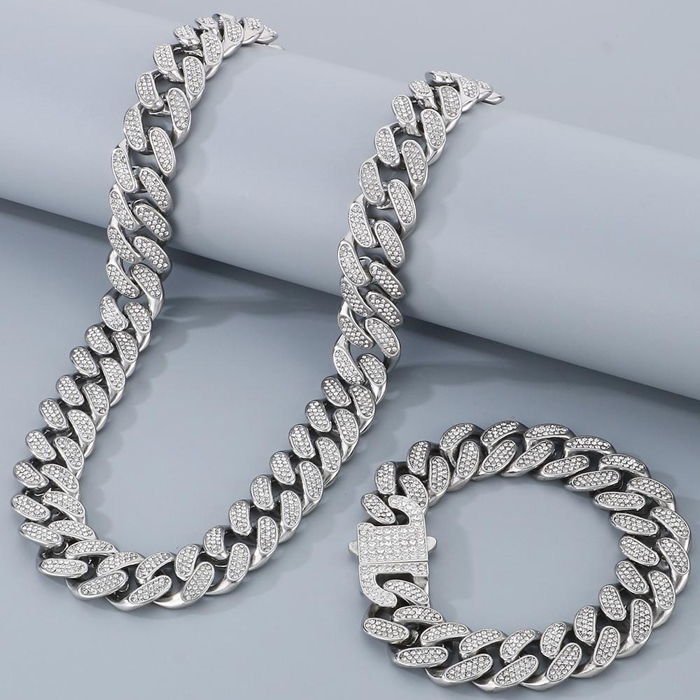 Hip-Hop Heavy Cuban Link Chain Set Man Bracelet Necklace Luxury Gold Color Stainless Steel & Full CZ Men's Necklace & Bracelets Sets