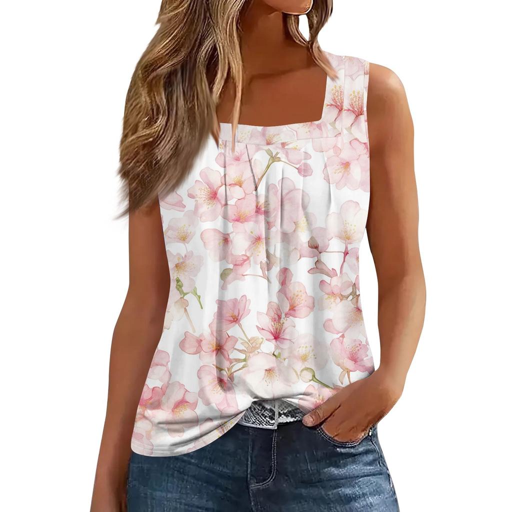Tricou de vară cu imprimeu de vestă fără mâneci, ocazional, pliat, cu guler pătrat