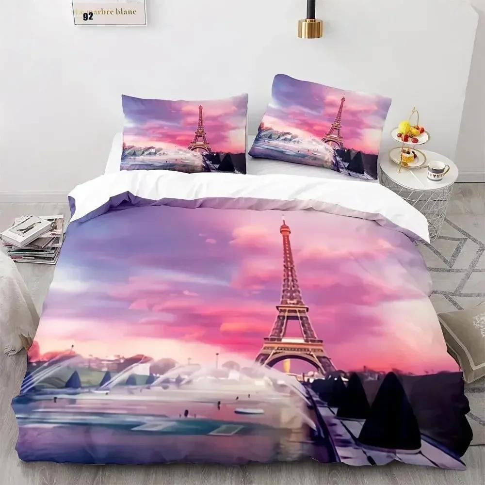 Eiffel Tower Duvet Cover Set King Size Vintage Beautiful World Famous Building Sakura Twin Polyester Bedding Set For Kids Girls