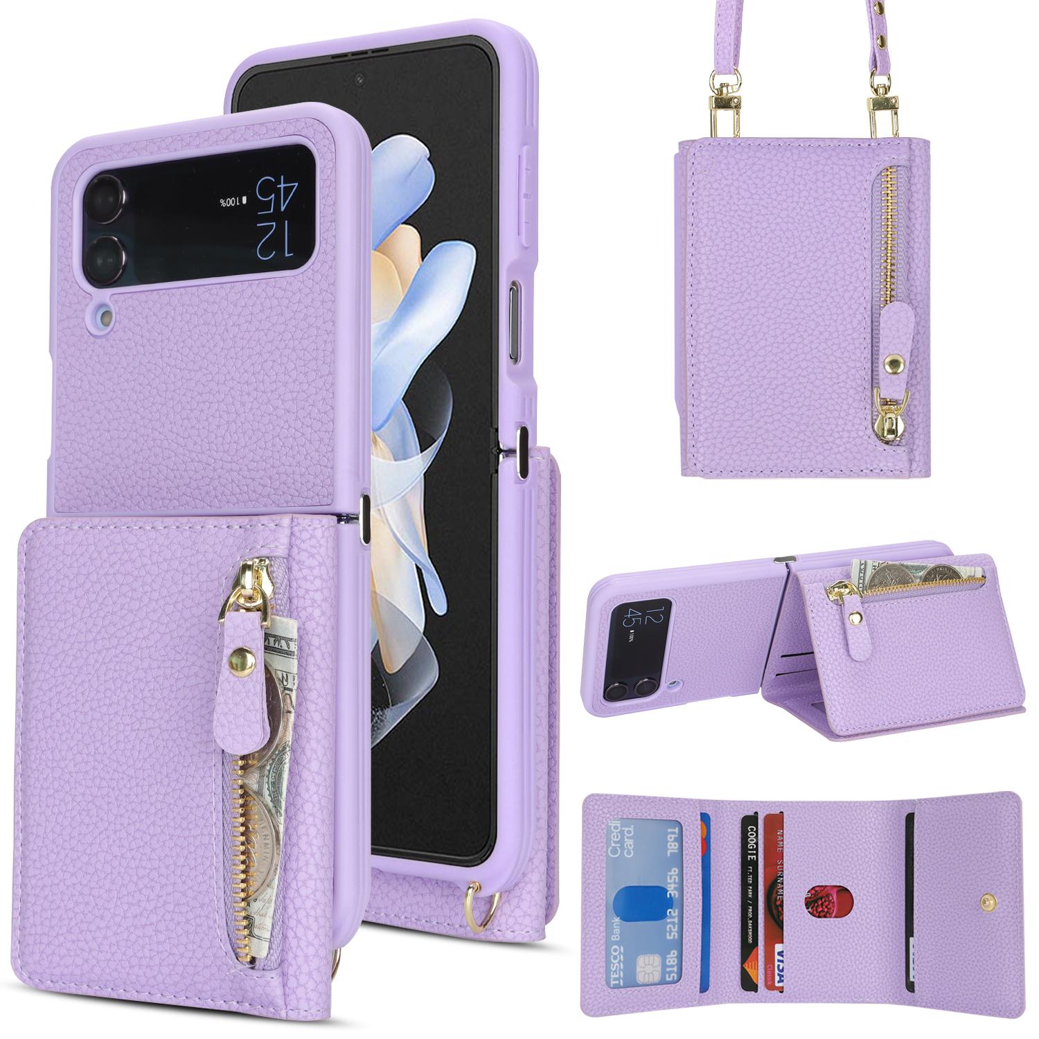 

For Samsung Galaxy Z Flip4 5G Case Card Holder Kickstand Litchi Texture PU TPU Phone Cover with Long Strap Purple