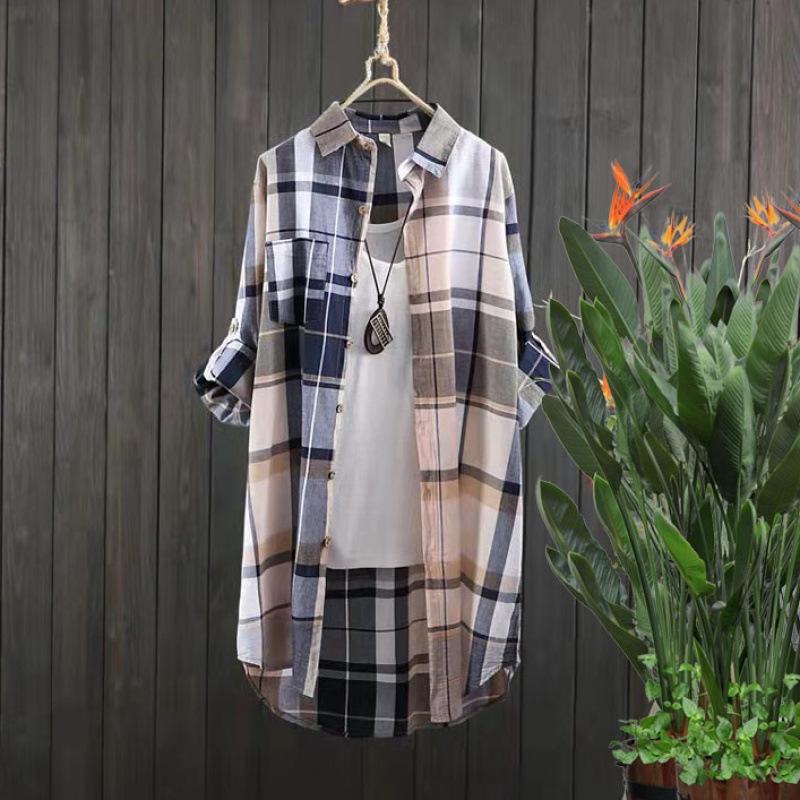 Frühlings Damen Karomuster Baumwolle Mittellange Blusen Damen Herbst Langarm Elegantes Lässiges Hemd Locker Knöpfbare Blusen