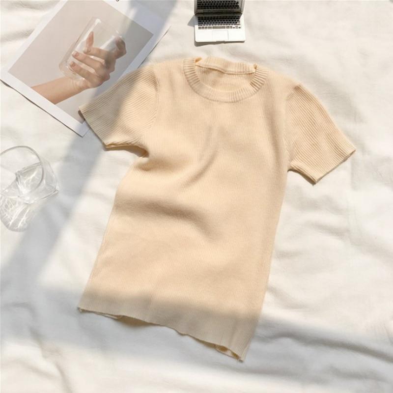 Dámské módní tričko s O výstřihem, jednobarevné, letní, ležérní top s krátkým rukávem, korejský styl, slim, pletené tričko femme