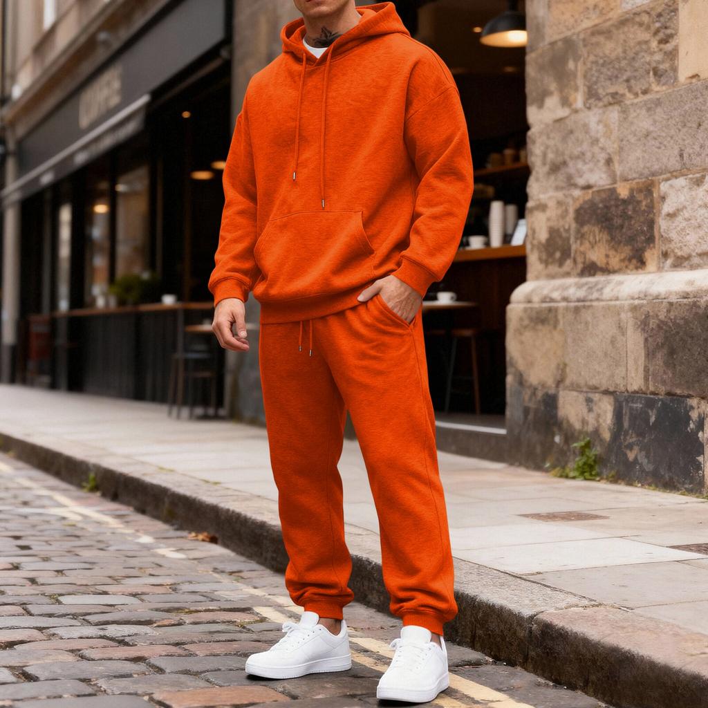 Men's Color Hoodie and Jogger Pants Set with Elastic Waist and Cuffed Ankles for Casual Wear