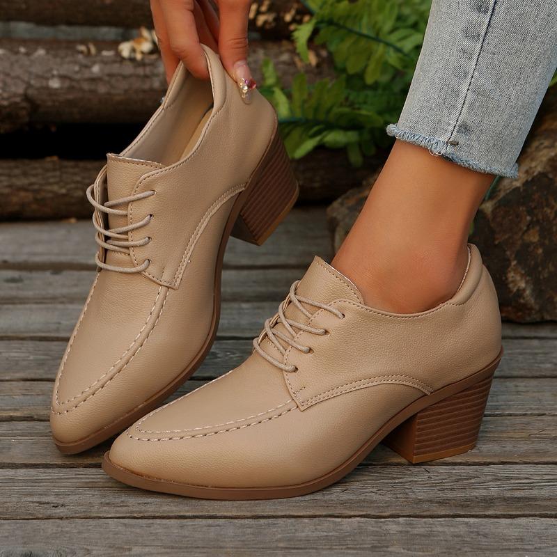 Fashion Retro Black Office Women's Shoes 2025 Spring and Autumn Women's Thick Heel Shoes White Retro Pointed Toe Lace-up High Heels