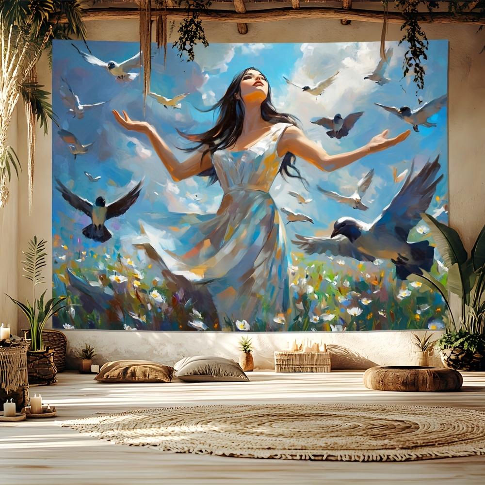 Graceful Woman Birds Tapestry Ethereal Sky Wildflowers Soaring Wings for Serene and Inspirational Home Decor Wall Art