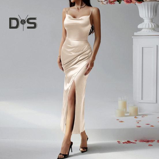 Dámské saténové bodycon šaty s špagetovými ramínky, bočními slipy, dlouhé šaty s kapucí, sexy klubové midi šaty pro večerní příležitosti, narozeninové oslavy, svatby