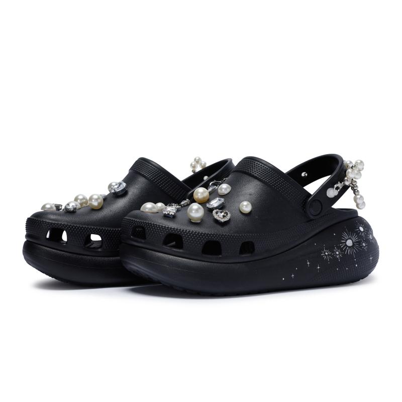 Crocs Classic Crush 811 Made In the Secret Moon Bow Pearl Chain Hole Shoes Unisex Black and White