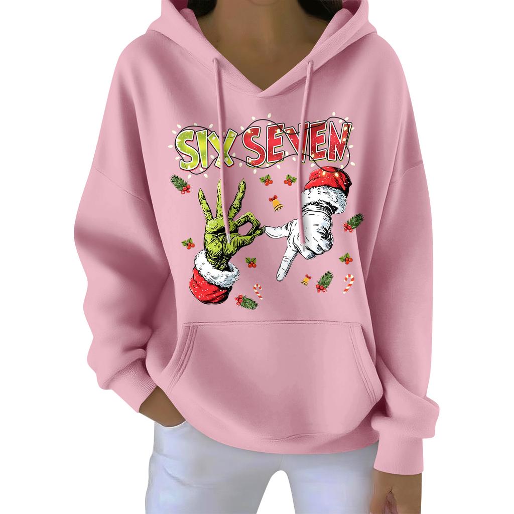 Damenmode Damen Leichter Langarmpullover mit Taschen Preppy Graphic Hoodie