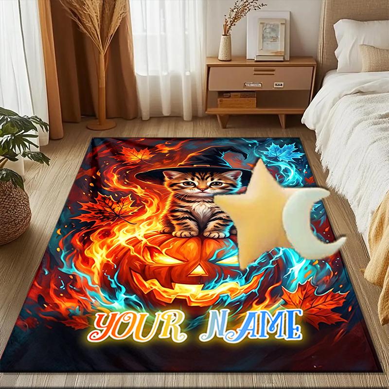 1PC Custom Name "Autumnal Pumpkin Cat Firework" Theme Floor Mat Ideal for Living Room, Game Rooms, Office, Bedroom, Office Floor Mat , Floor Mats for