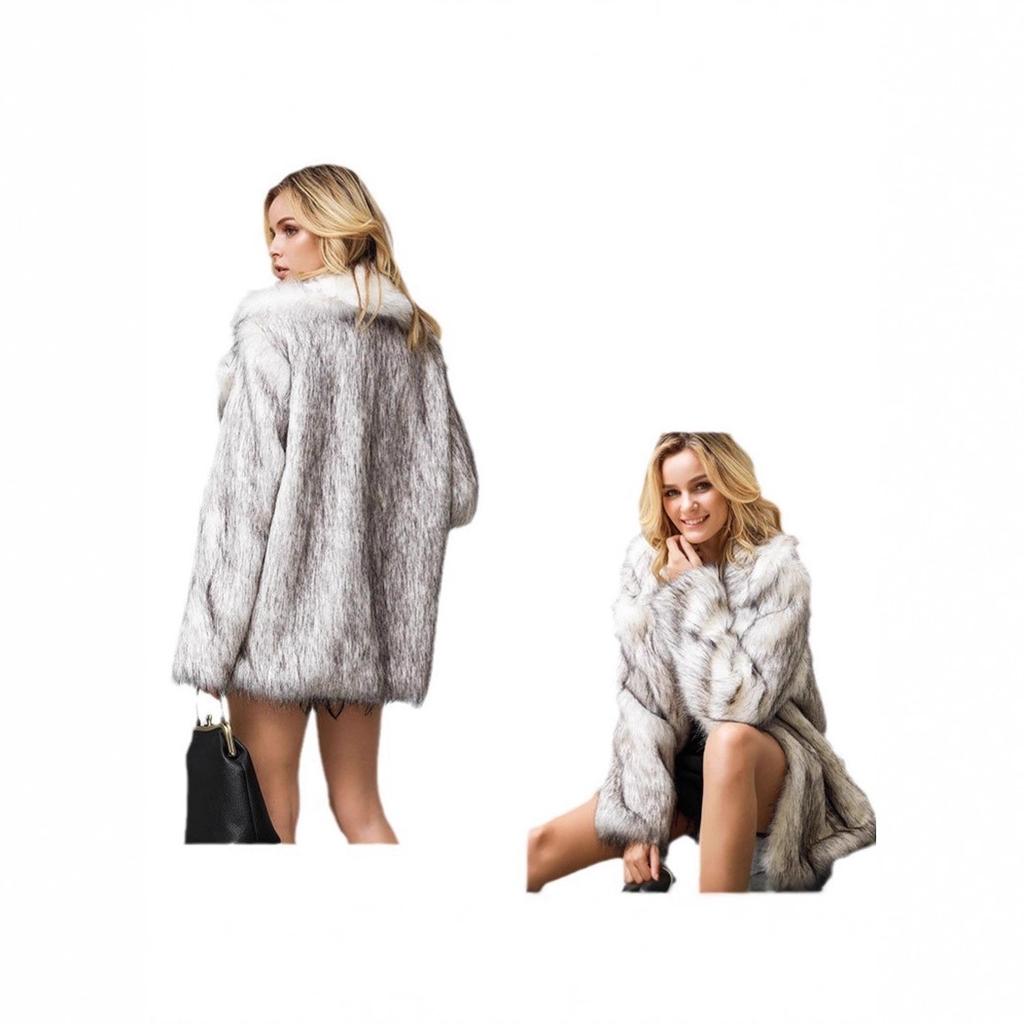 Autumn and Winter Women's White Background Black Tip European and American Medium and Long Suit Coat Coat Artificial Fur Imitation Fur Coat