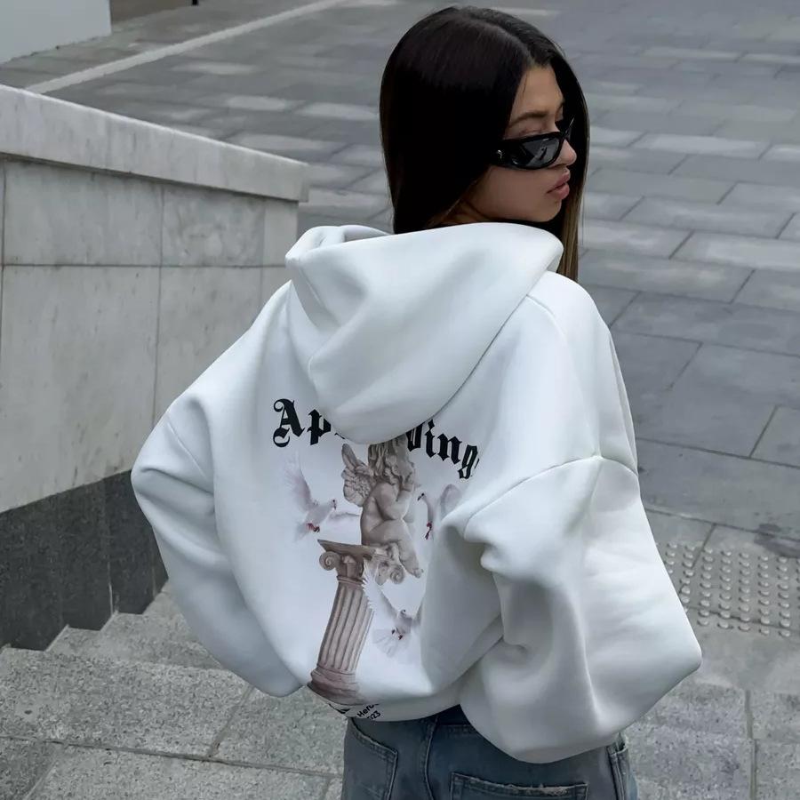Women's Hooded Long Sleeve Sweatshirt Loose Fit Street Style Angel Pigeon Graphic Print Zip Up Hoodie 2025 Spring Trendy Casual Outerwear