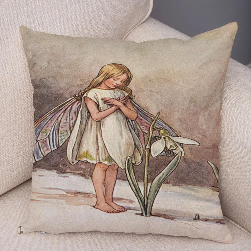 Vintage Cartoon Elfen Kissenbezug Dekor Bunte Märchenwelt Kissenbezug Plüsch Blumenmädchen Kissenbezug für Sofa Zuhause