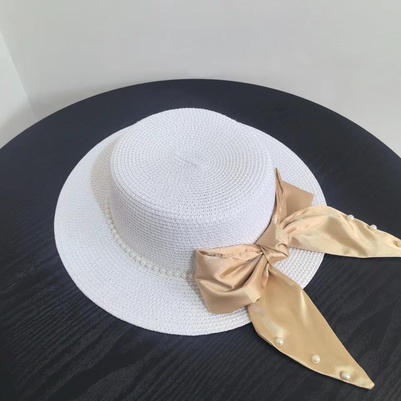 

Летняя шляпа с плоским верхом и верхним верхом, бант с жемчугом, пляжная соломенная шляпа для защиты от солнца, 2025, соломенная шляпа для женщин белый