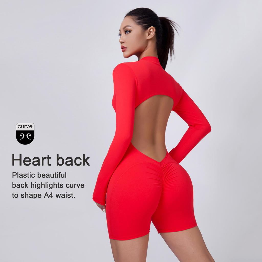 European & American Peach Lift One-Piece Yoga Bodysuit: Cross-Back, Hollow Design, Outerwear, Sports Shorts Style.