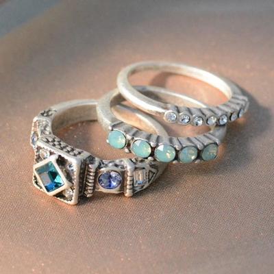 3pcs Blue Vintage Boho Multicolor Clear Synthetic Zirconia Stacking Ring Set