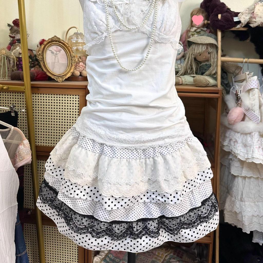 Nainai Vintage Polka Dot Lace Patchwork Midi Skirt for Women - Summer Sweet Style