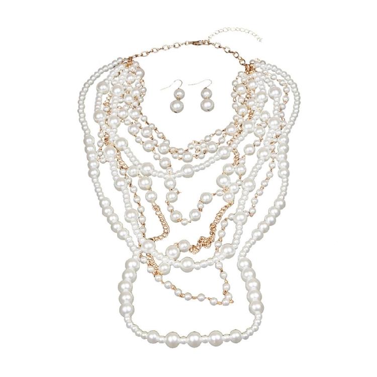 Stylish Pearls Jewelry Set Featuring Multilayers Necklace and Earrings Accessory for Fashionable Woman Casual Wear