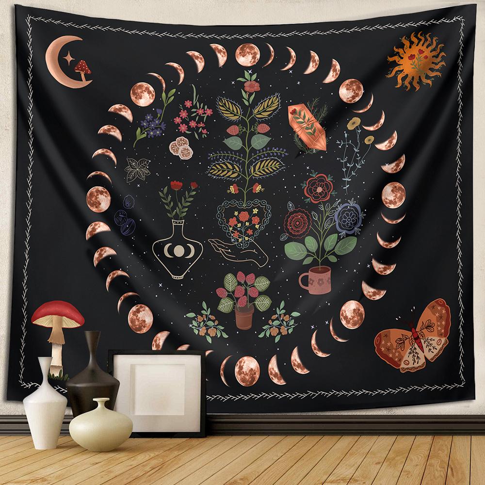 VIKAMA Bohemian Moon Phase Flower Tapestry Vintage Taro Style Wall Decoration Bedroom Living Room Sofa Background Wall Decor