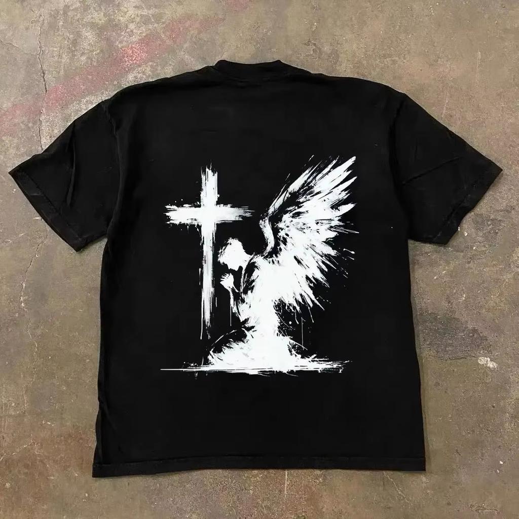 Bläckmålning Knäböjande Ängel Korsrygg Tryck T-shirt Unisex Unisex Oversized Bomulls T-shirt Gotisk Mörk Streetwear Casual Kortärmade Toppar