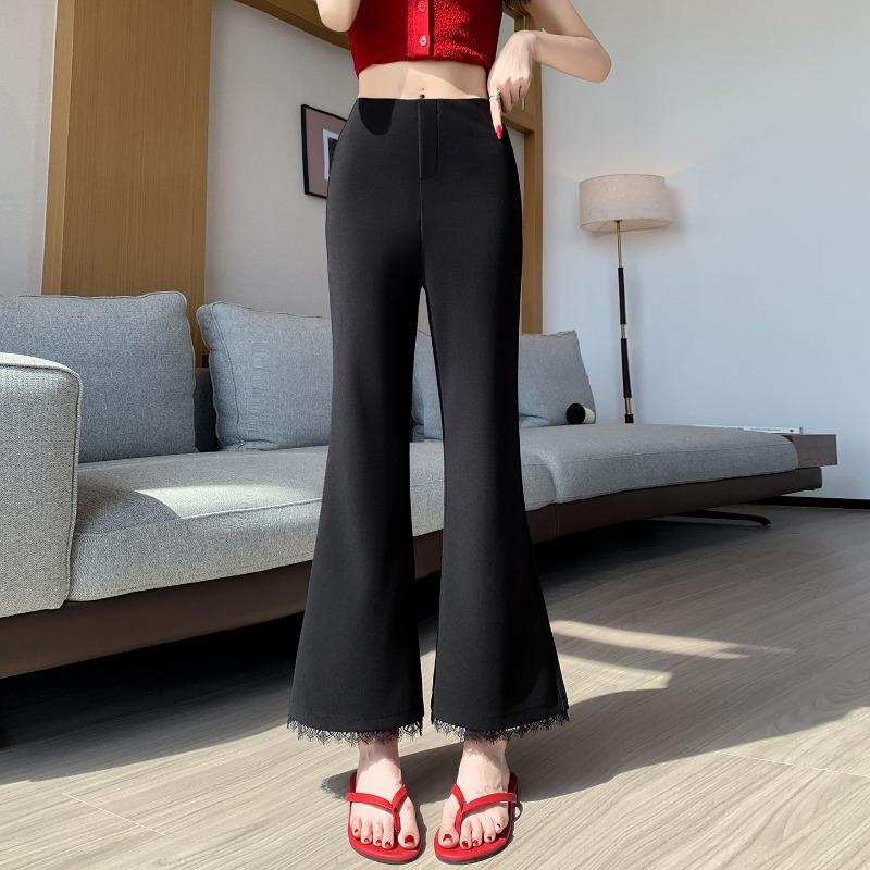 Black Lace Trim Elastic High Waist Flared Cropped Casual Pants For Women S чёрный