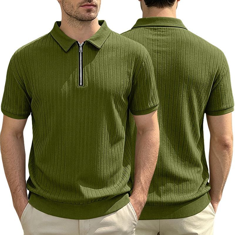 Men Solid Vertical Stripe Half Zip Turn Down Collar Short Sleeve Casual Large Size Polo T Shirt