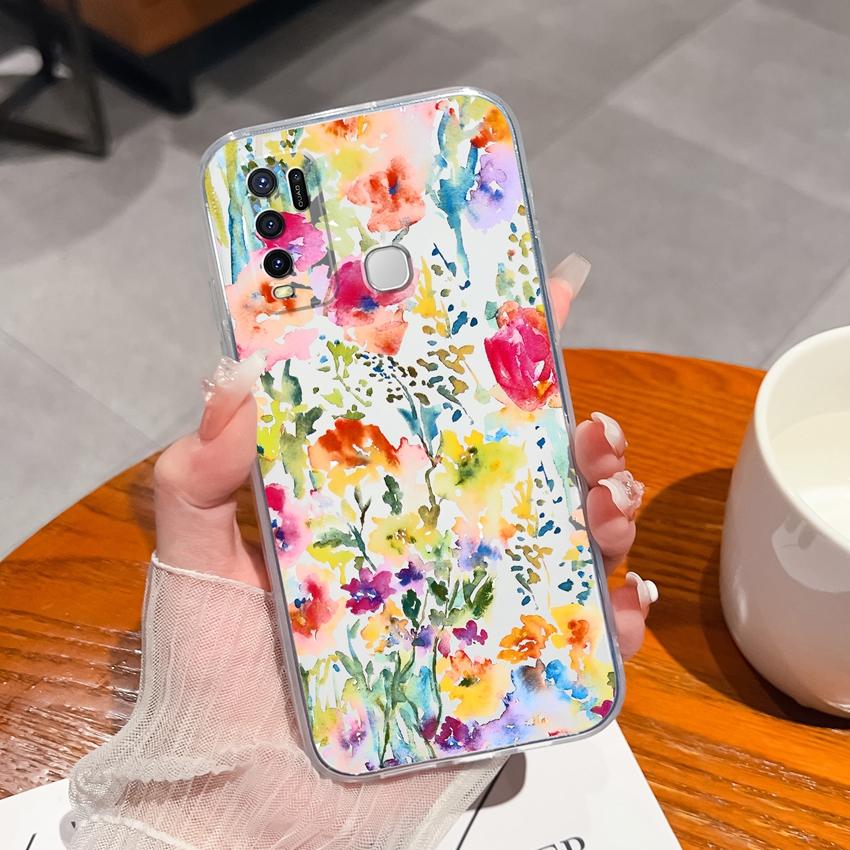 For Vivo Y91C Y67 Y91 Y75 Y78 Y50 Y73 Y55 Phone Casing Beautiful Black Flowers Patterns Transparent Silicone Shockproof Protective Shell For Vivo Case