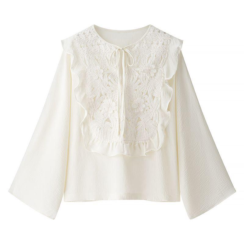Kaslead New Women Clothes Western Style Fashion Simple Lace Stitching Lace-up Shirts Set