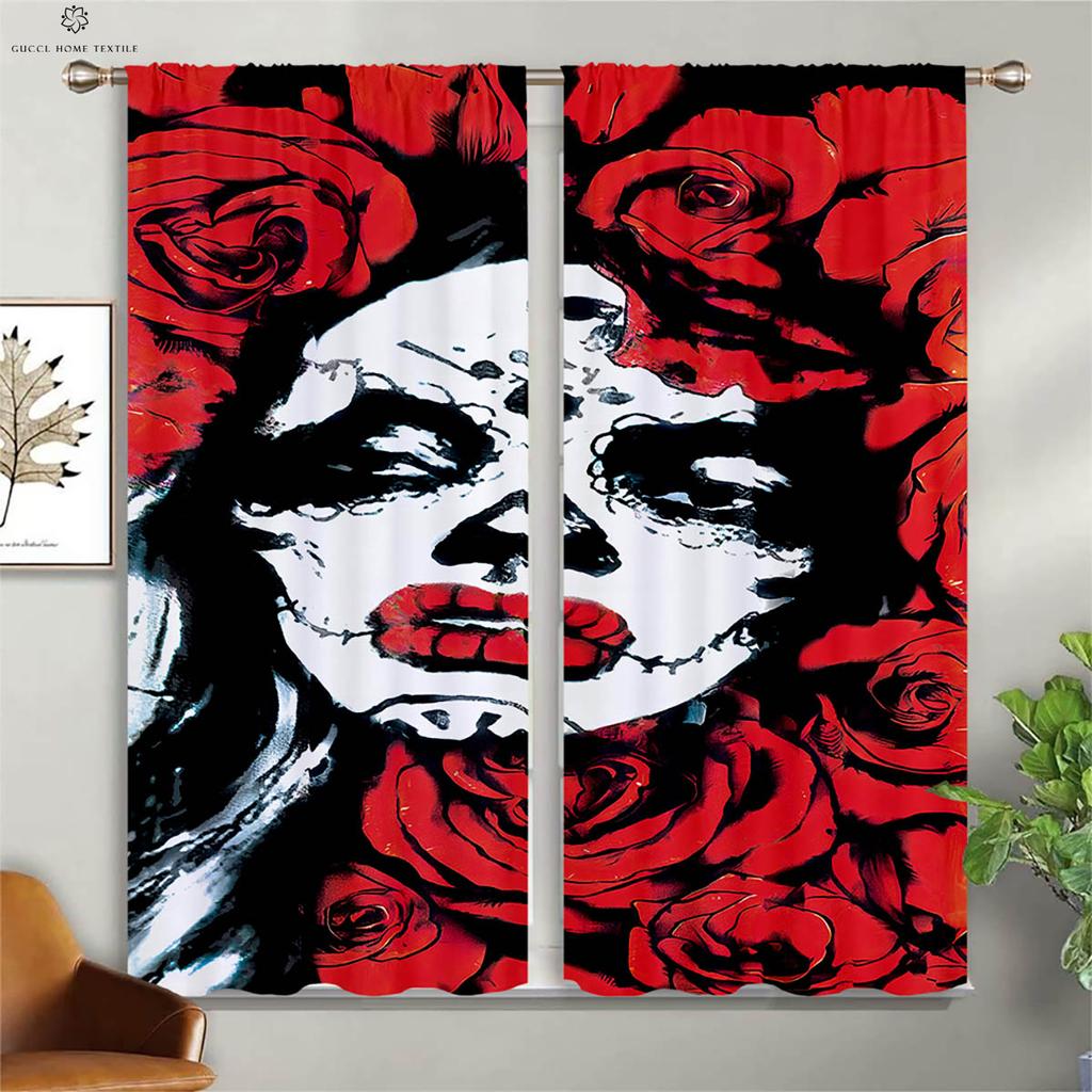 Skull Stealing Floral Creative Print Curtains, Suitable for Living Room, Dining Room, Study Room, Halloween Decoration