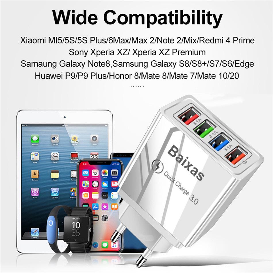 4-Port USB Mobile & Tablet Charger, US/EU Standard, 3A Fast Charging
