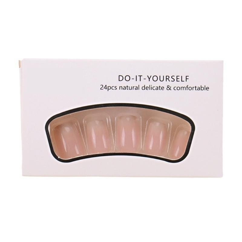 24Pcs Pink Gradient French Tip Square False Nail Short Press On Nail Glossy Acrylic Full Cover Stick On Nail for Women