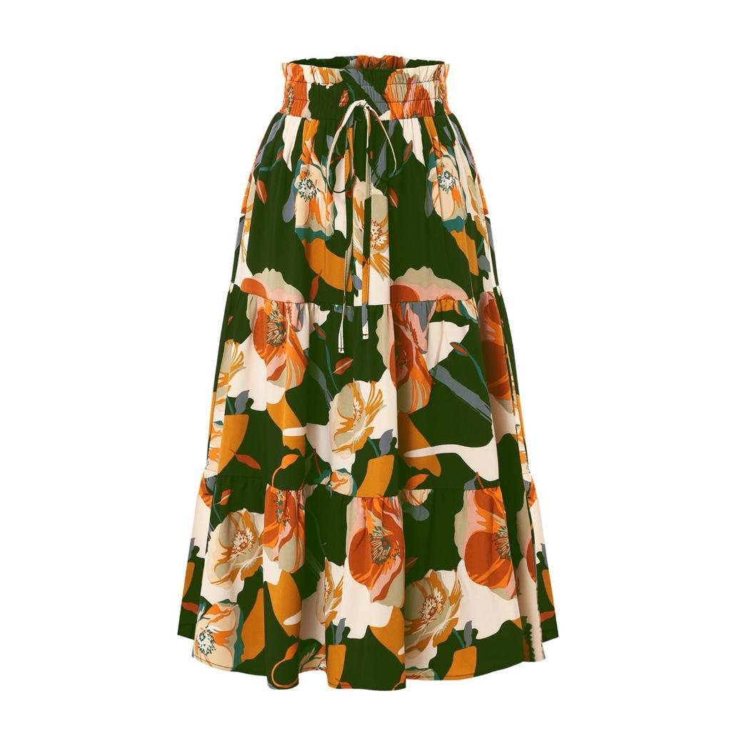 A-line Skirt, Pleated Skirt, Floral Print, Elastic Waist, Midi Skirt