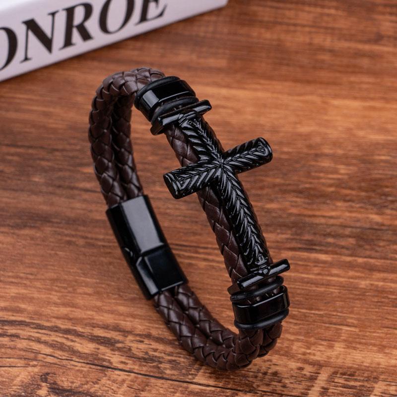 Black Cross Braided Bracelet Retro Spiritual Accessory Multi-Color PU Leather Design Jesus Cross Charm Cuff Bracelts for Man