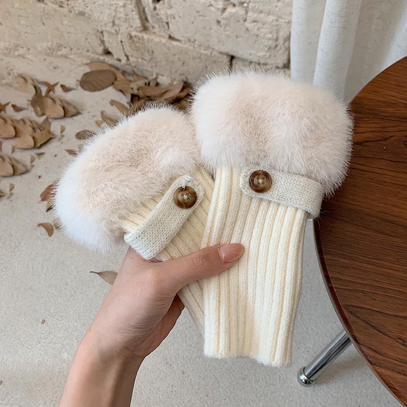 Women's Fluffy Winter Knit Gloves – Touchscreen, Half-Finger, Warm for Cycling