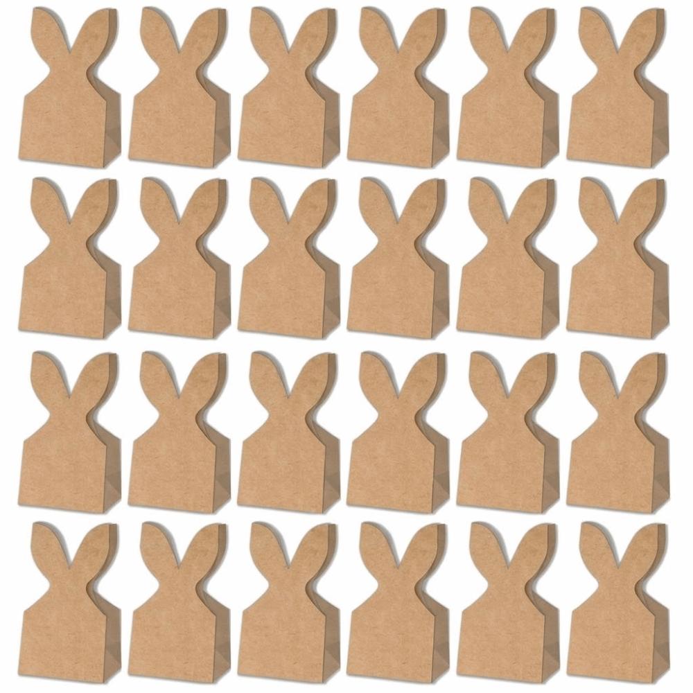 12/24 pcs Cowhide Paper Easter Gift Bags Rabbit Ears Artificial Flowers Party Favor Bags Neutral Bow Ribbon Rustic Paper