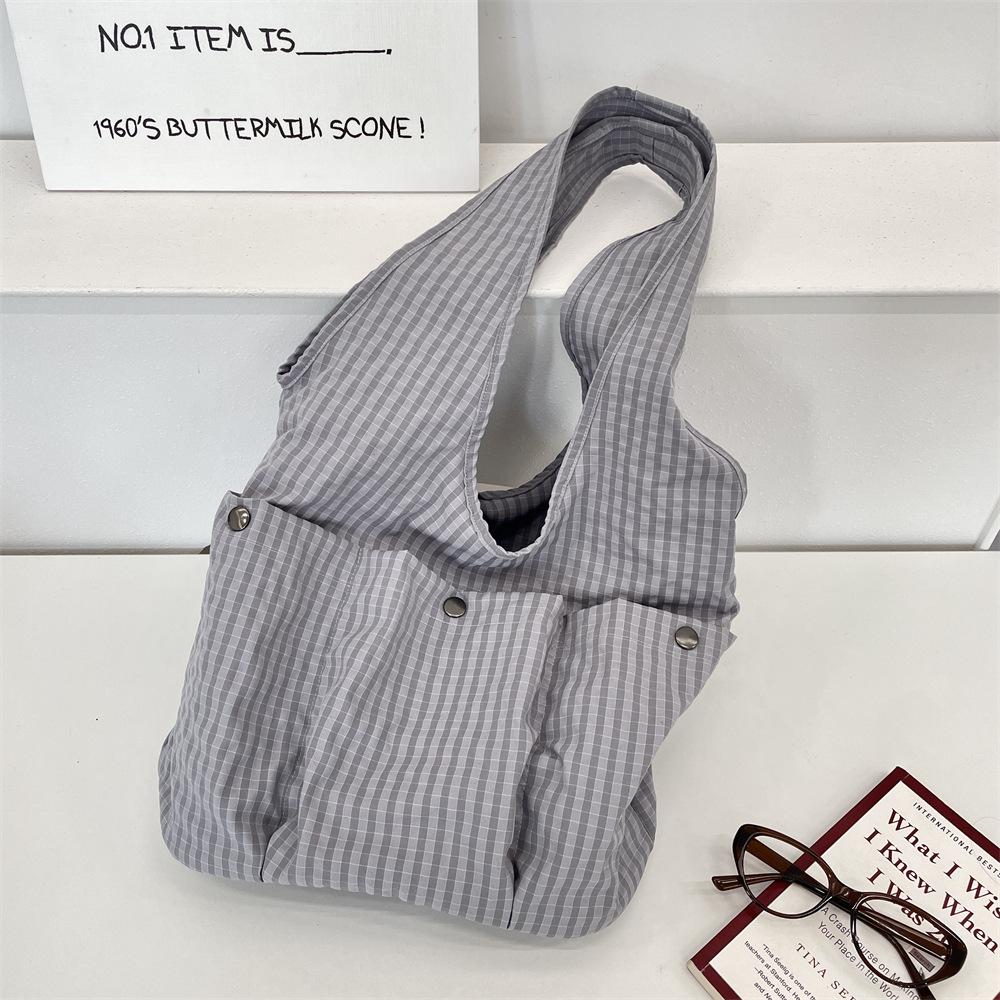 

Lazy Style Solid Color Lattice Nyl Women s Shoulder Bags Large Capacity Multi Pocket Ladies Handbag Casual Female Armpit Bag серый