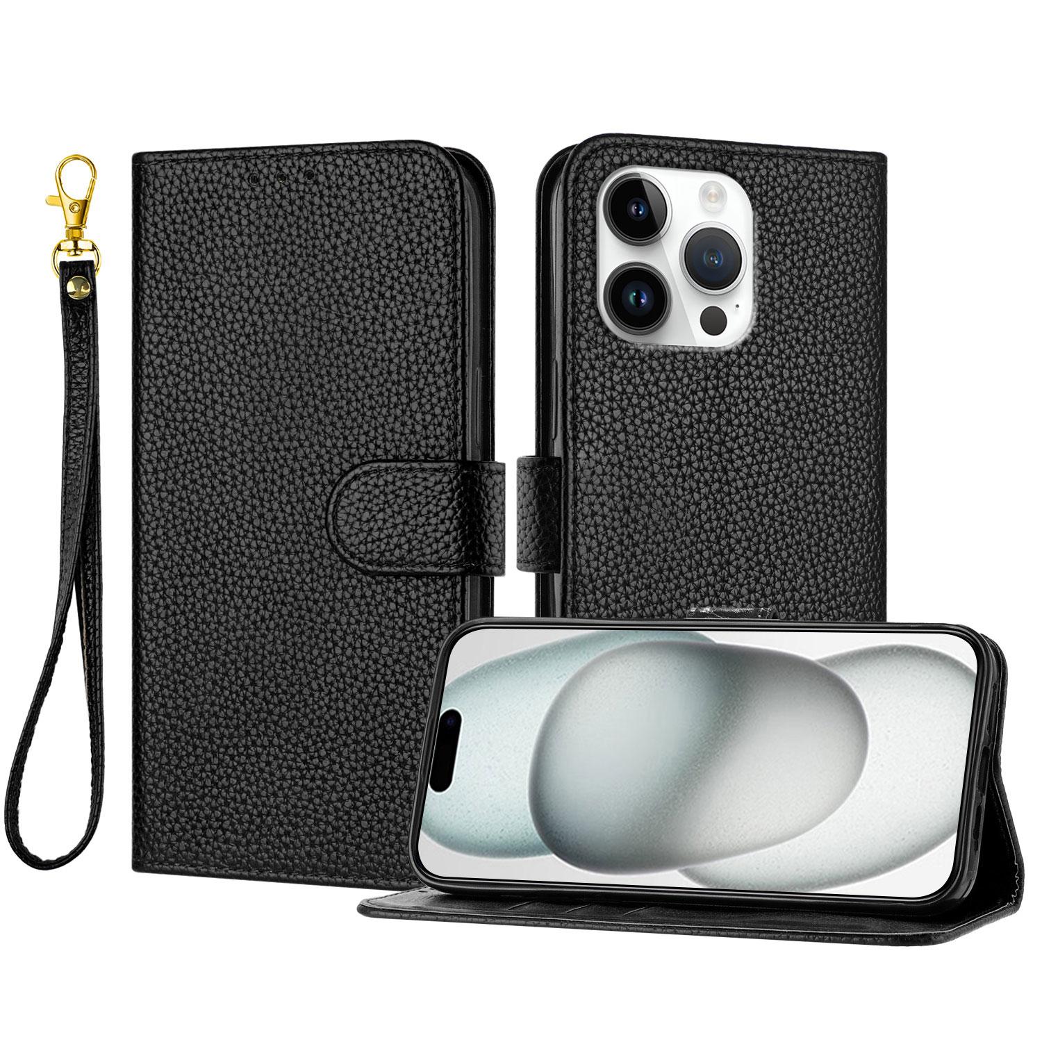 

For iPhone 16 Pro Max Leather Case Litchi Texture Wallet Stand Anti Drop Phone Cover with Wrist Strap E