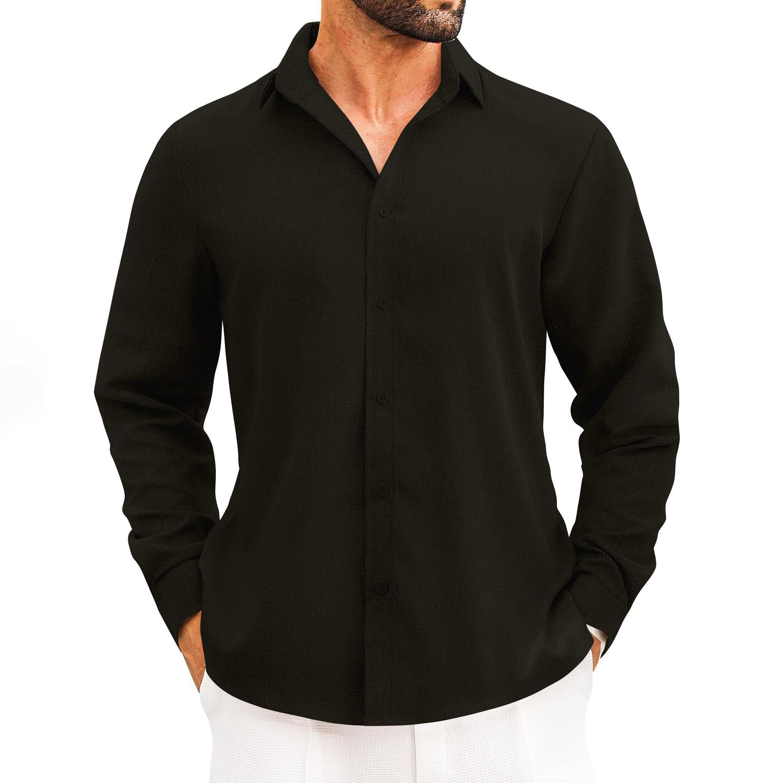 

Four Seasons Длинный рукав V-образный вырез свободная рубашка Весенние пуговицы однотонный хлопок пенька морской кардиган рубашка мужская L чёрный