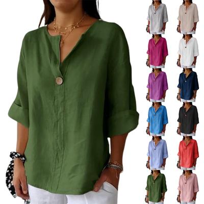 Women's Fashion Casual V-Neck Buttoned Seven-Point Sleeve Cotton Linen Top