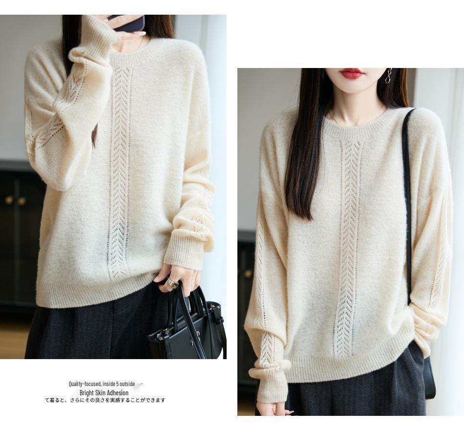 100% Pure Wool Hollow-Out Round Neck Sweater, Women's Autumn/Winter 3D Cable Knit Loose Cardigan