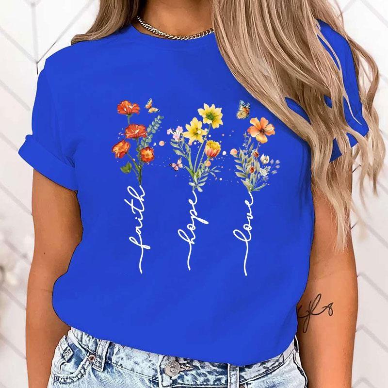 Women's Blouses Faith Hope Love Flower Letter Print T Shirt Women Summer Short Sleeve Fashion Summer Casual T-shirt