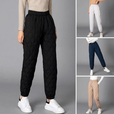 Women Winter Pants Elastic High Waist Quilted Pants Diamond-shaped Texture Design Thickened