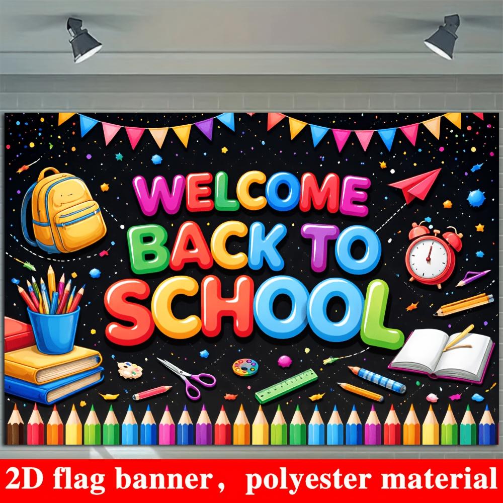Back to School Welcome Banner Backdrop Backpack Stationery Books Campus Theme