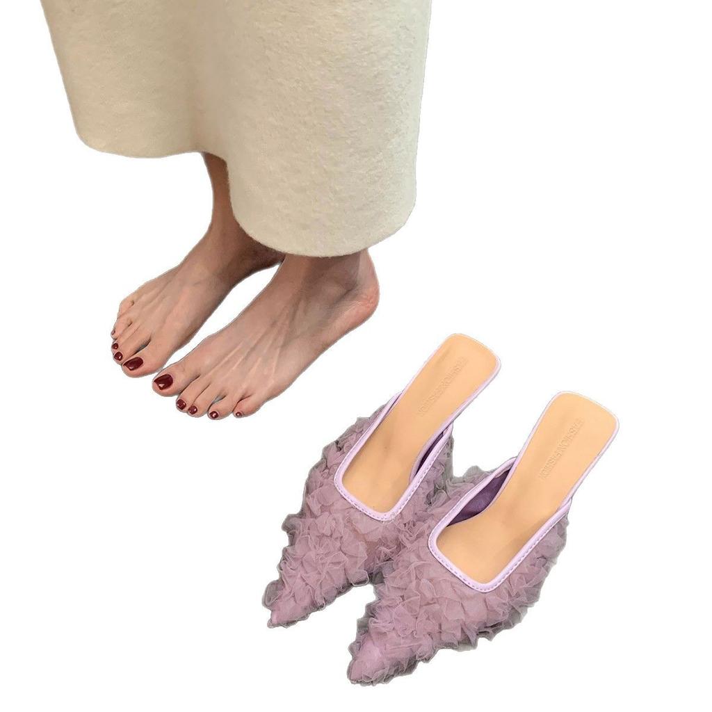 Women's Spring and Summer 2025 Large Size French Temperament Lace Mesh Bag Head Cool Slippers