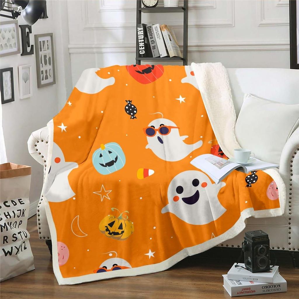 Halloween Ghost Blanket Soft Fleece Throw Pumpkin Spider Web Design Home Decor Party Gift Kids Room