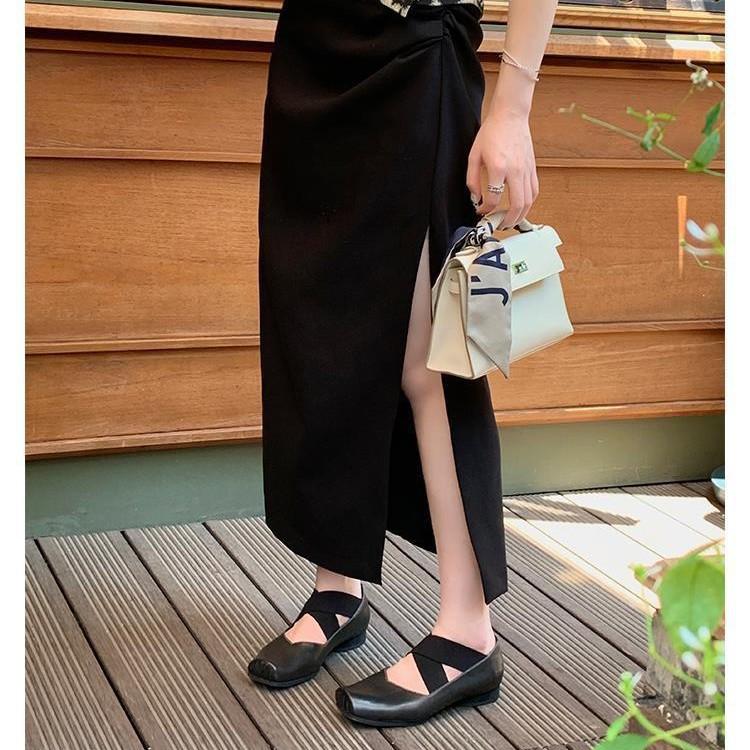 Cowhide version~ Square head leather ballet single shoes women's cross strap thick heel Mary Jane small leather shoes ladyshoes