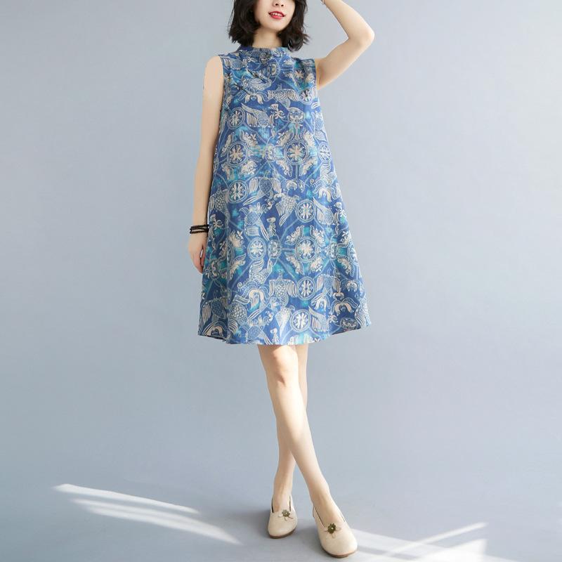 

Summer Chinese Retro Improved Disc Buckle Cheongsam Skirt Loose and Thin Cotton and Linen Sleeveless Printed Dress M джинсовый синий