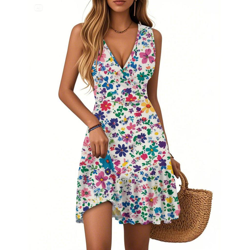 Women's Dress V-neck Sleeveless Casual Floral Print Hem Pleated Dress
