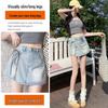 Women's High-Waisted A-Line Denim Skort with Irregular Tie Design - Petite Fit